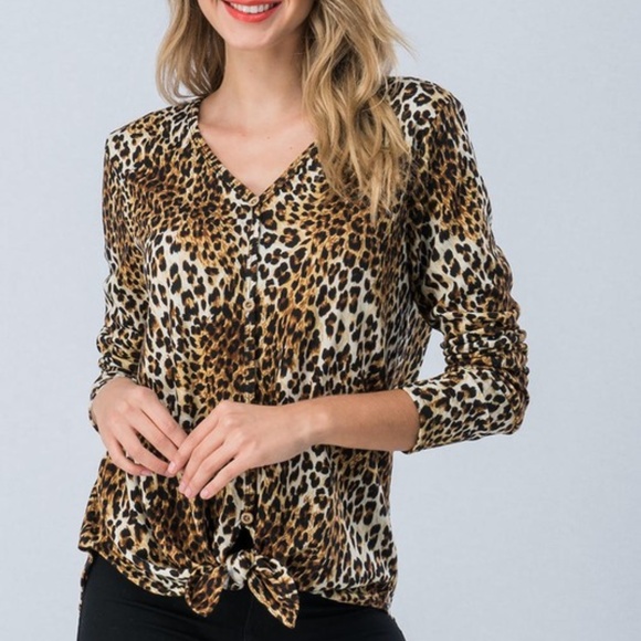 Tops - leopard print button down with front knot top